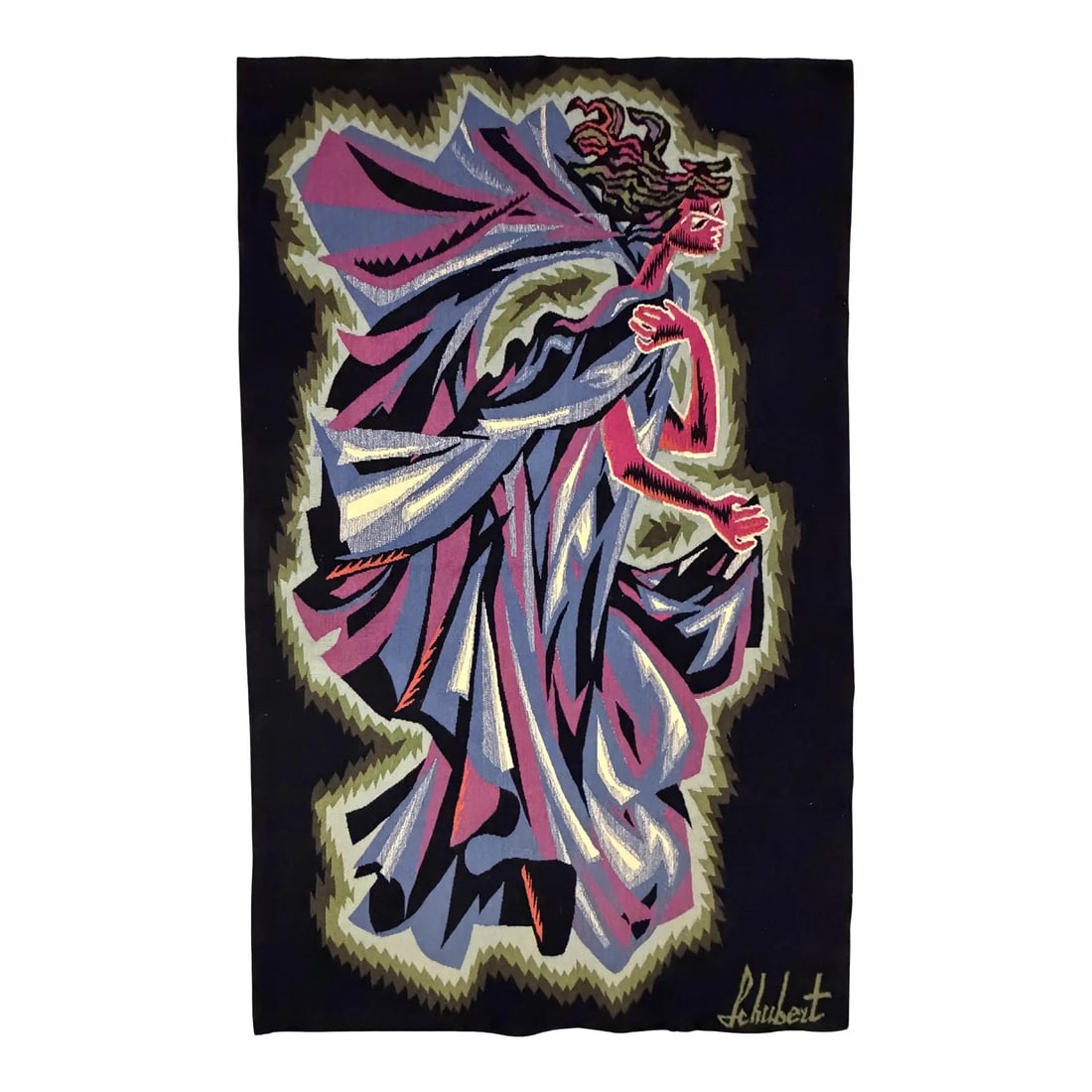 20th C. Mid-Century Tapestry Signed "Schubert" 3'9" X 6'1": Handwoven wool tapestry depicting a stylized female figure in motion, rendered in a bold Cubist and Art Deco-inspired composition. Executed in dramatic tones of lavender, pink, olive green, cream, and