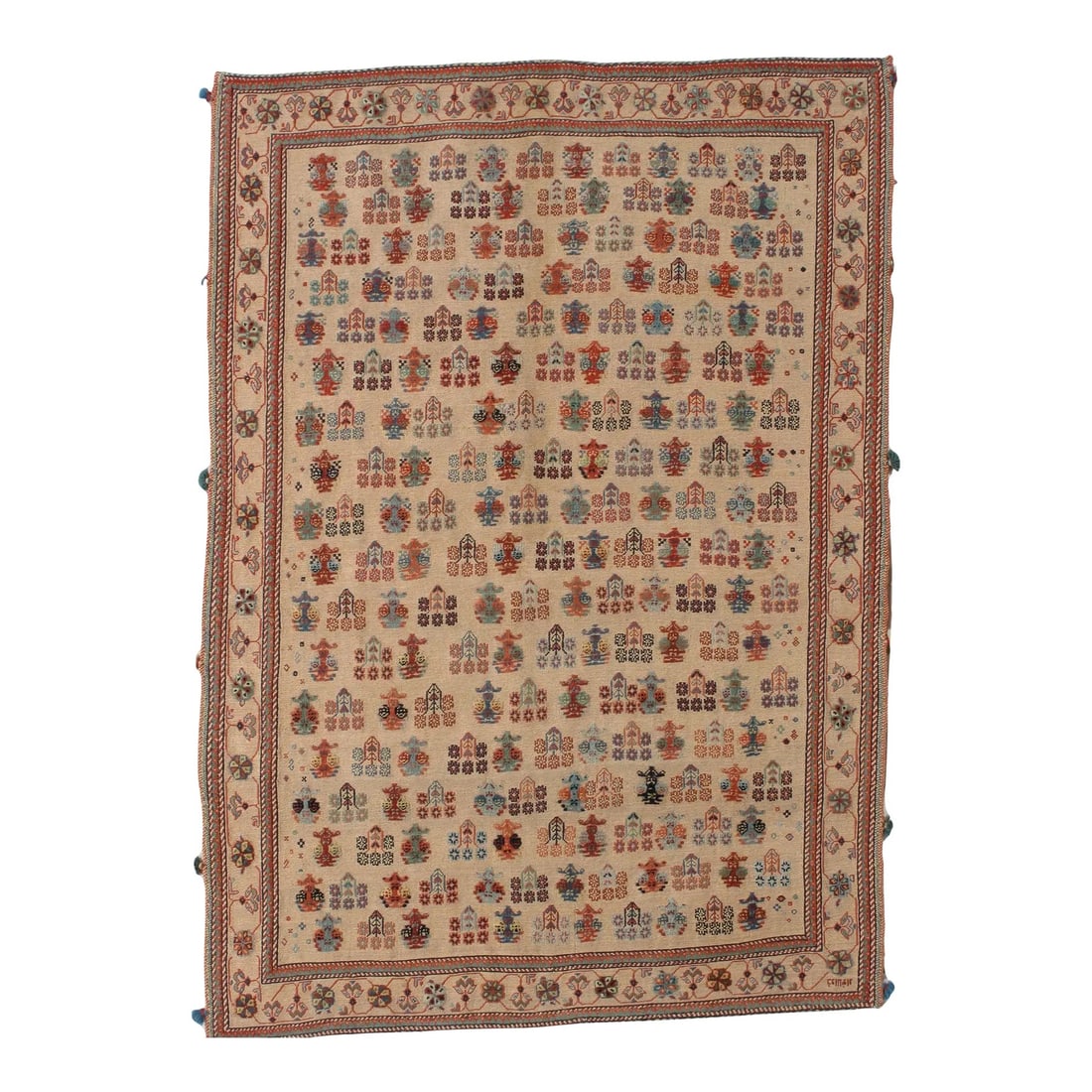 Antique Persian Suzani Rug 4'0" X 5'9": Antique hand-knotted Persian Suzani wool rug with an ivory field featuring an allover pattern of small stylized boteh and floral motifs in red, blue, and muted tones, framed by a detailed floral borde