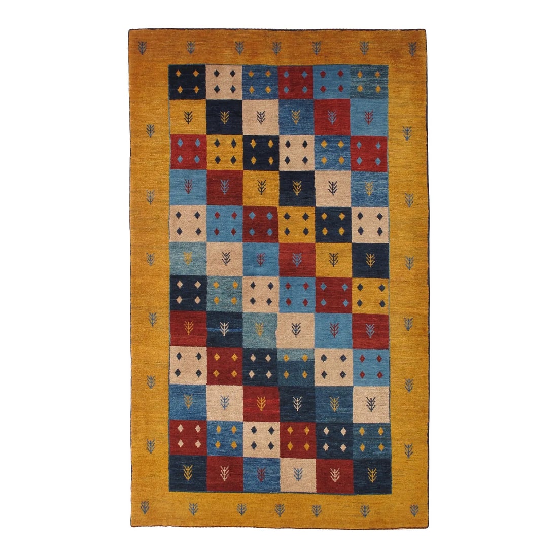 Vintage Persian Gabbeh Rug 4'1" X 6'9": Vintage Persian hand-knotted Lori Gabbeh wool rug featuring a vibrant patchwork field composed of multicolored squares in deep blue, red, ivory, and gold tones. Each panel is decorated with small geom