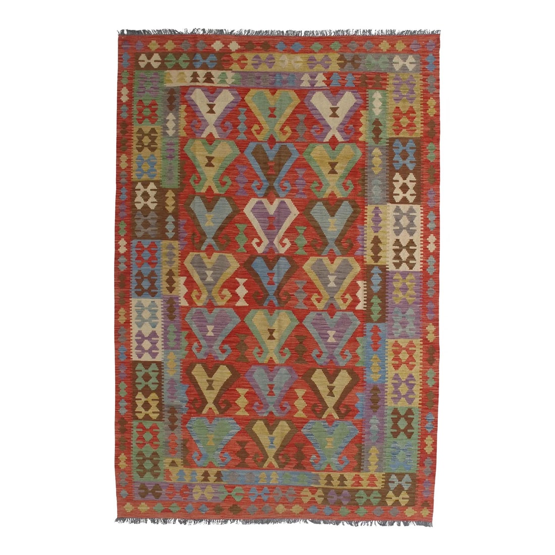 Afghan Tribal Kilim Rug 6'7" X 9'10": Handwoven Afghan kilim flatweave rug featuring a bold allover design of stylized geometric motifs arranged in rows, set against a vibrant red field and framed by multicolored tribal borders. Woven in 