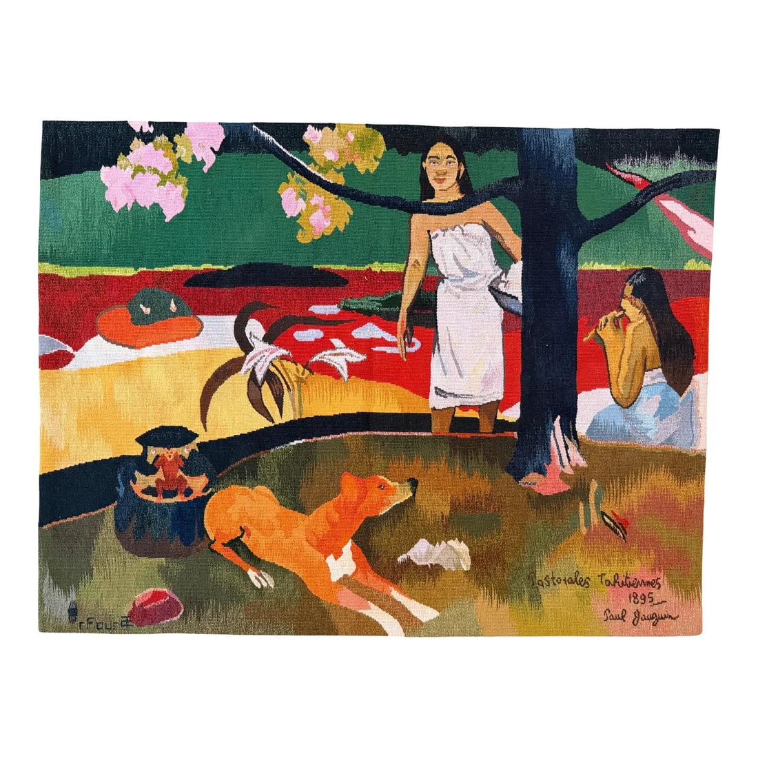 Mid-20th Century Paul Gauguin "Pastorales Tahitiennes" French Tapestry 3'3" X 4'2": European woven needlepoint tapestry after the work of Paul Gauguin, depicting a vibrant Tahitian pastoral scene with female figures beneath a flowering tree alongside a reclining dog. Woven inscriptio