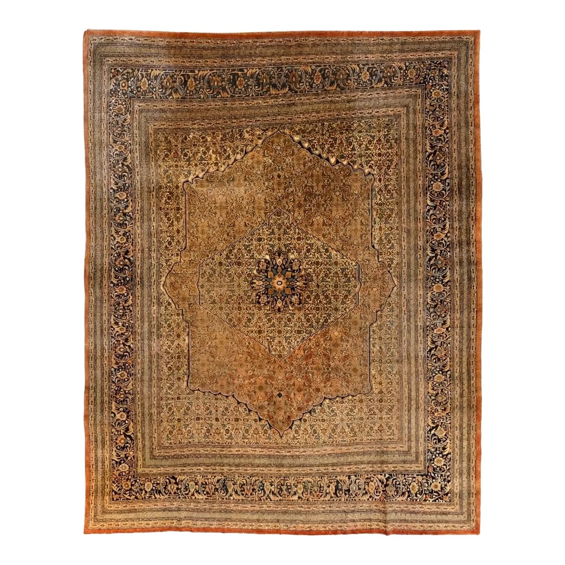 Antique Persian Tabriz Hadji Jalili Rug 9'6" X 11'11": Antique hand-knotted wool rug from Tabriz, northwest Iran, in the Hadji Jalili tradition, circa late 19th century. The design features a central medallion set within a finely detailed field of dense f