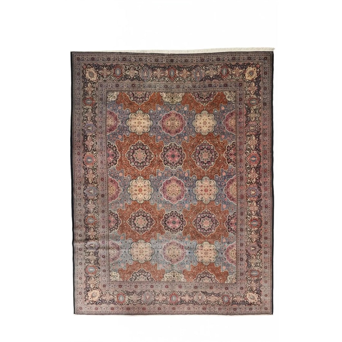 Antique Persian Dabir Kashan Rug 10'2" X 13'8": Antique Persian Dabir Kashan hand-knotted wool rug with a light blue field and an allover repeating medallion pattern composed of floral rosettes and stylized geometric forms. The field is enclosed by