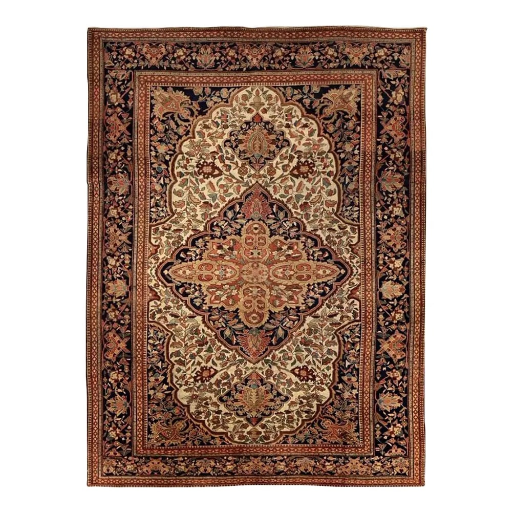 Antique Persian Sarouk Farahan Rug 8'9" X 12'0": Antique Persian Sarouk Farahan (Ferahan) hand-knotted wool rug, circa late 19th to early 20th century (c. 1880-1920), with an ivory field and a central medallion, surrounded by an open floral design w