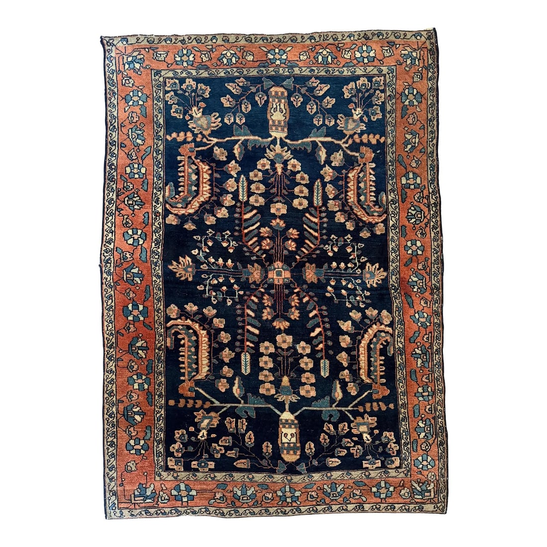 Antique Persian Sarouk Mohajeran Rug 3'2" X 4'7": Early 20th-century hand-knotted Persian Sarouk Mohajeran rug with a dark navy field featuring a stylized Tree of Life composition with floral elements and birds, enclosed by a wide floral border. Fine