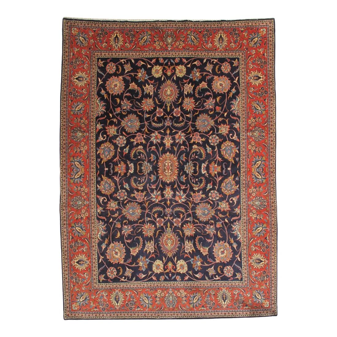 Antique Persian Mahal Rug 7'11" X 11'1": Antique hand-knotted Persian Mahal wool rug with a navy field featuring an allover floral pattern of scrolling vines and palmettes, framed by a rich red border. Woven in the Mahal region of central Ir