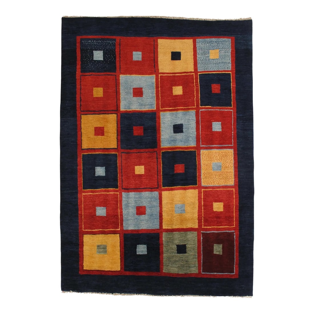 Vintage Persian Gabbeh Rug 6'7" X 9'6": Vintage hand-knotted Persian Gabbeh rug featuring a bold grid of colorful square motifs set within a deep blue field. Gabbeh rugs, woven by nomadic tribes in southwestern Iran, are celebrated for thei