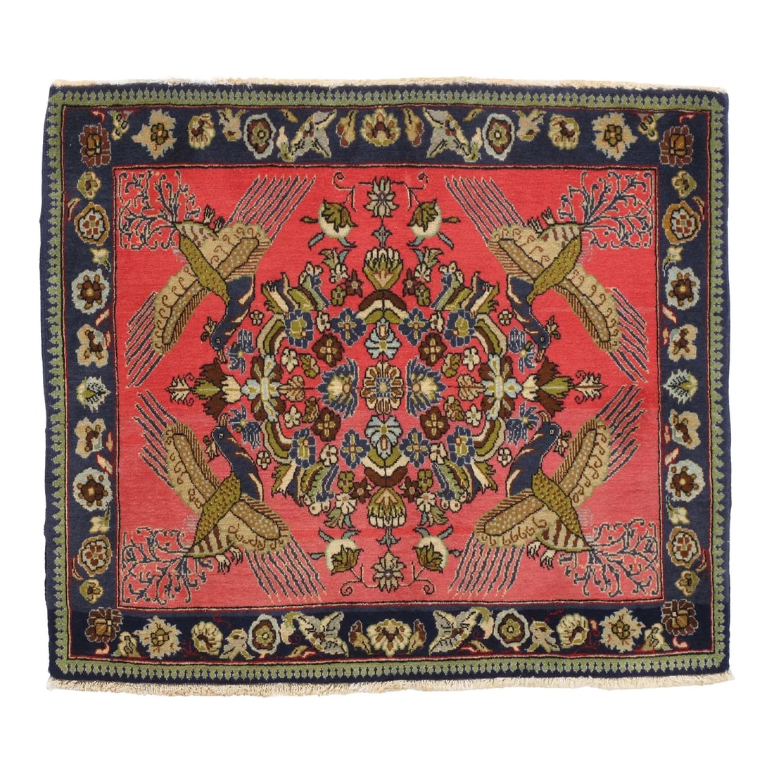 Vintage Persian Qom Rug 2'8" X 3'0": Vintage hand-knotted Persian Qom wool rug on a silk foundation, featuring a coral field with a central floral medallion and four stylized birds, framed by a navy border with floral elements. Woven in 