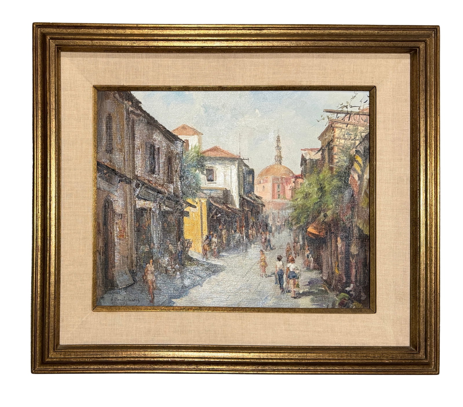 Antonis L. Karafyllakis - Mediterranean Street Scene, Oil on Canvas: Antonis L. Karafyllakis, Mediterranean Street Scene, oil on canvas, circa 1960s-1970s, depicting a lively old-world market avenue with figures strolling beneath warm sunlight and historic domed archit