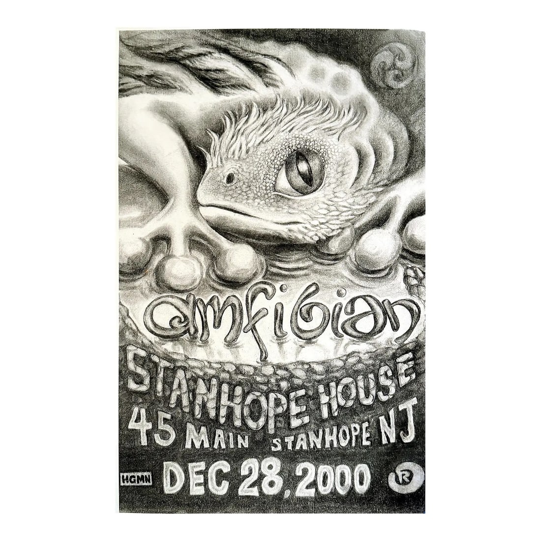 Amfibian - Stanhope House, Stanhope, New Jersey Concert Poster, 2000: Concert poster for a performance by Amfibian at Stanhope House in Stanhope, New Jersey, on December 28, 2000. The grayscale design features a detailed pencil-style illustration of a reptilian or amphi