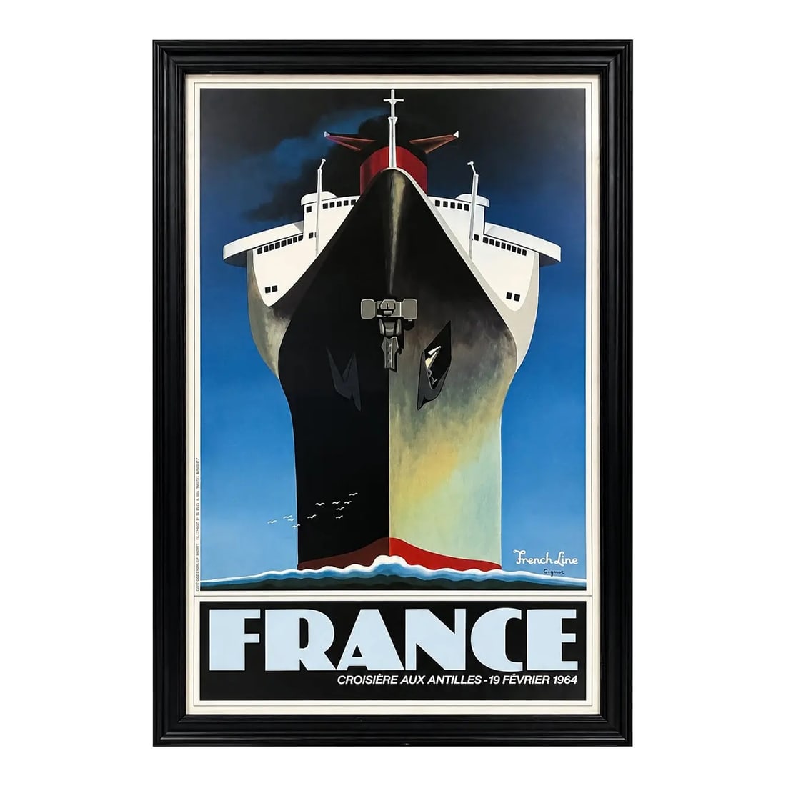Ciganer - France, Croisiere Aux Antilles, 1982 French Line Poster: French Line travel poster by Ciganer depicting the legendary ocean liner France dramatically viewed head-on at sea. Titled France - Croisiere aux Antilles - 19 Fevrier 1964, the design commemorates th