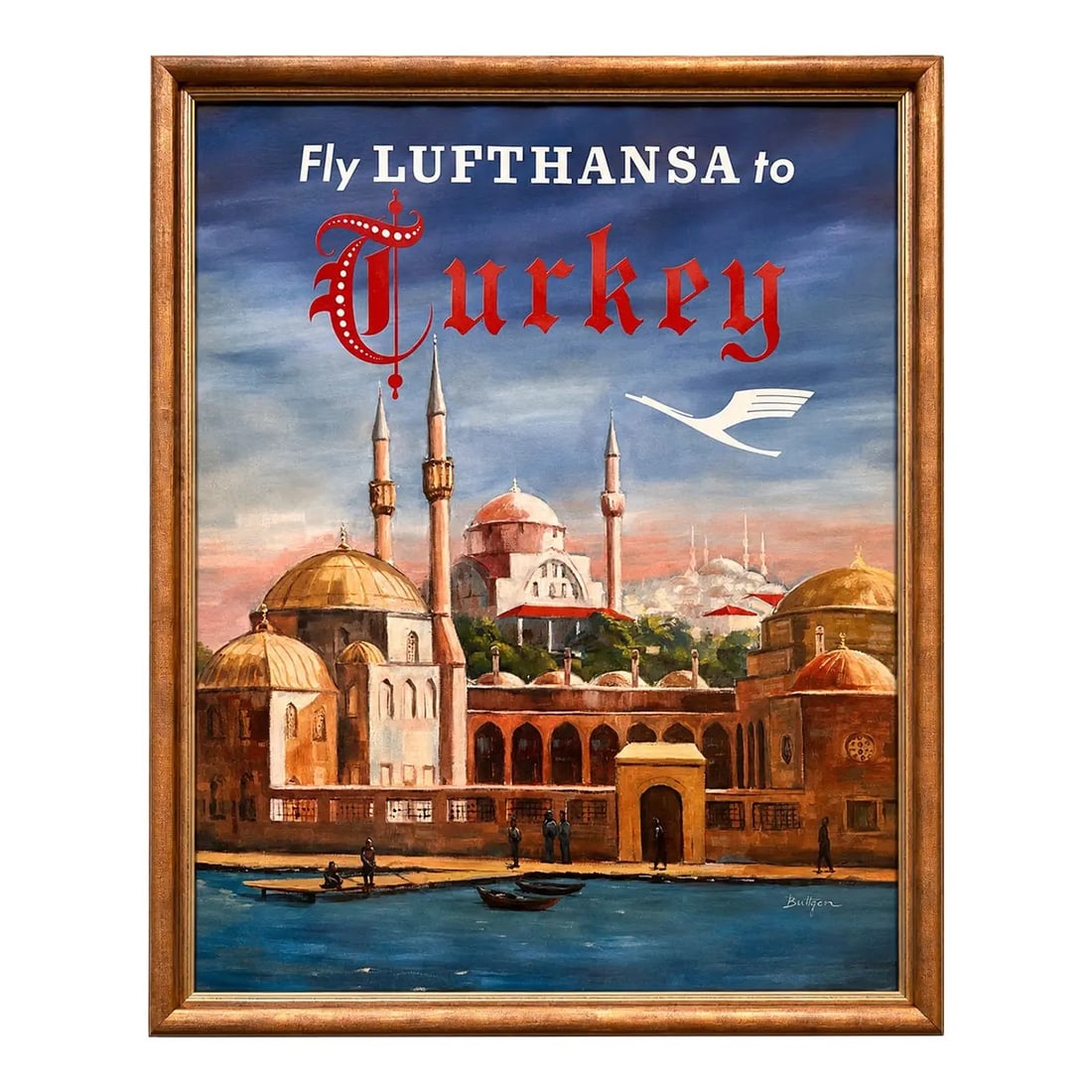 Buttgen - Fly Lufthansa to Turkey, Vintage Airline Travel Poster: Vintage Lufthansa airline travel poster promoting flights to Turkey, featuring a painterly view of Istanbul along the Bosphorus with mosque domes and minarets rising across the skyline. The compositio