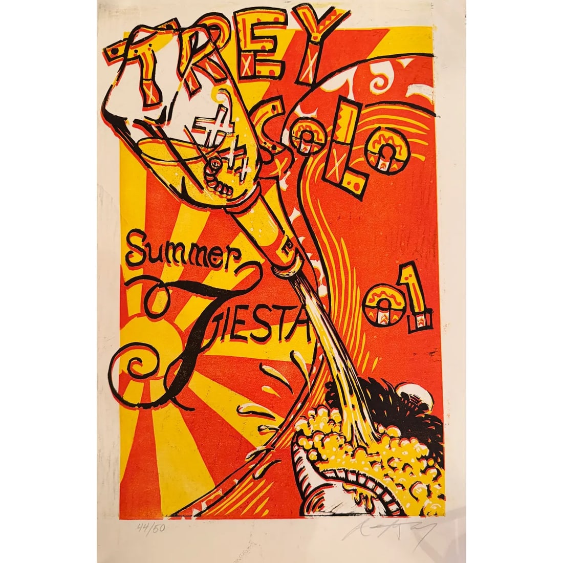 Trey Anastasio - "Trey Solo - Summer Tour Fiesta 2001," Signed Limited Edition Concert Poster, No.: Limited-edition concert poster created for Trey Anastasio's 2001 summer solo tour. The playful composition features a stylized bottle pouring liquid into a striped popcorn bucket, set against a vi