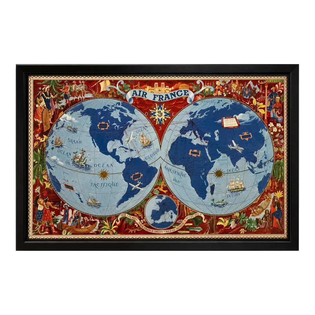 Mid 20th Century Lucien Boucher - Air France World Map, Color Lithograph Travel Poster: Vintage circa 1948 Air France color lithograph poster by Lucien Boucher (1889-1971), depicting a richly illustrated world map with two hemispheres showing Air France routes and aircraft. The compositi