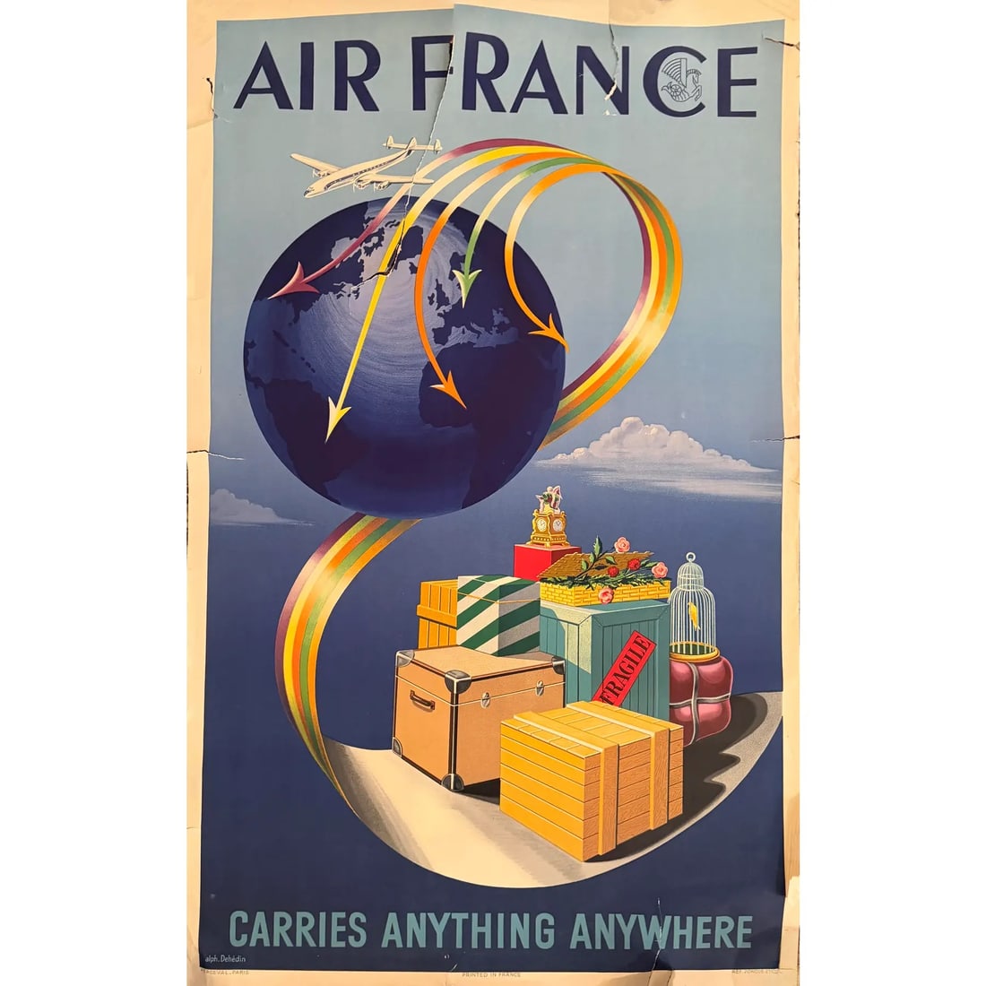 Alph Dehedin - Air France: Carries Anything Anywhere, C. 1950s, Offset Lithograph Travel Poster on: Vintage Air France advertising poster designed by Alph Dehedin, featuring a striking mid-century composition celebrating the airline's expanding international network and cargo service. A large gl