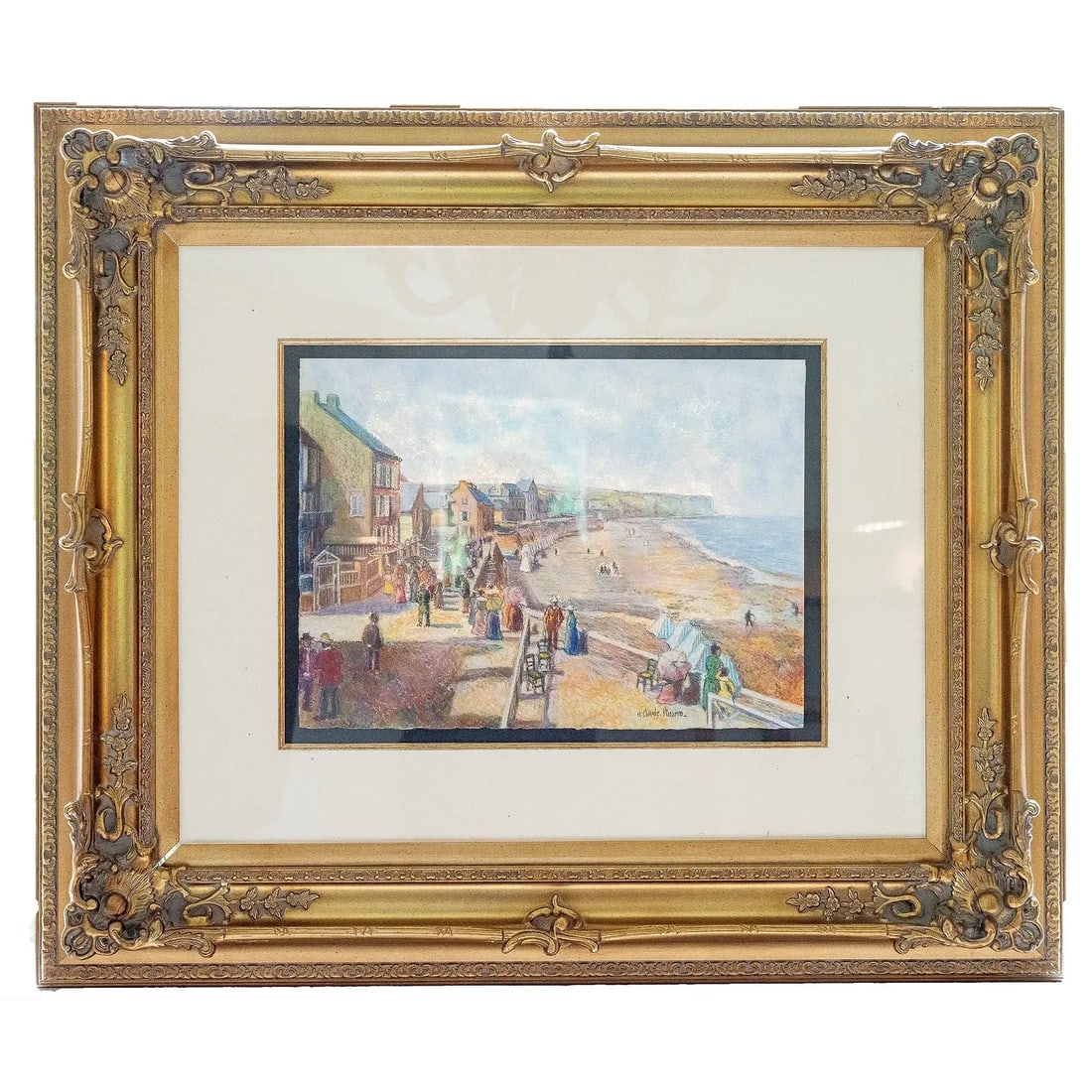 1930s Hugues Claude Pissarro - La Digue D'Arromaches, Pencil With Pastel: La Digue d'Arromanches is a pencil and pastel work by French artist Hugues Claude Pissarro (b. 1935), also known as H. Claude Pissarro. This coastal composition captures the historic seawall at Ar