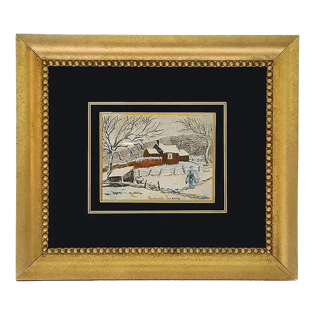 Early 20th Century Paul-Emile Pissarro - Chaumiere Sous La Neige, Watercolor & Charcoal: Chaumiere sous la neige, watercolor and charcoal on paper by Paul-Emile Pissarro (1884-1972). Depicts a snow-covered cottage with a figure in the foreground, rendered with light washes and fine linear