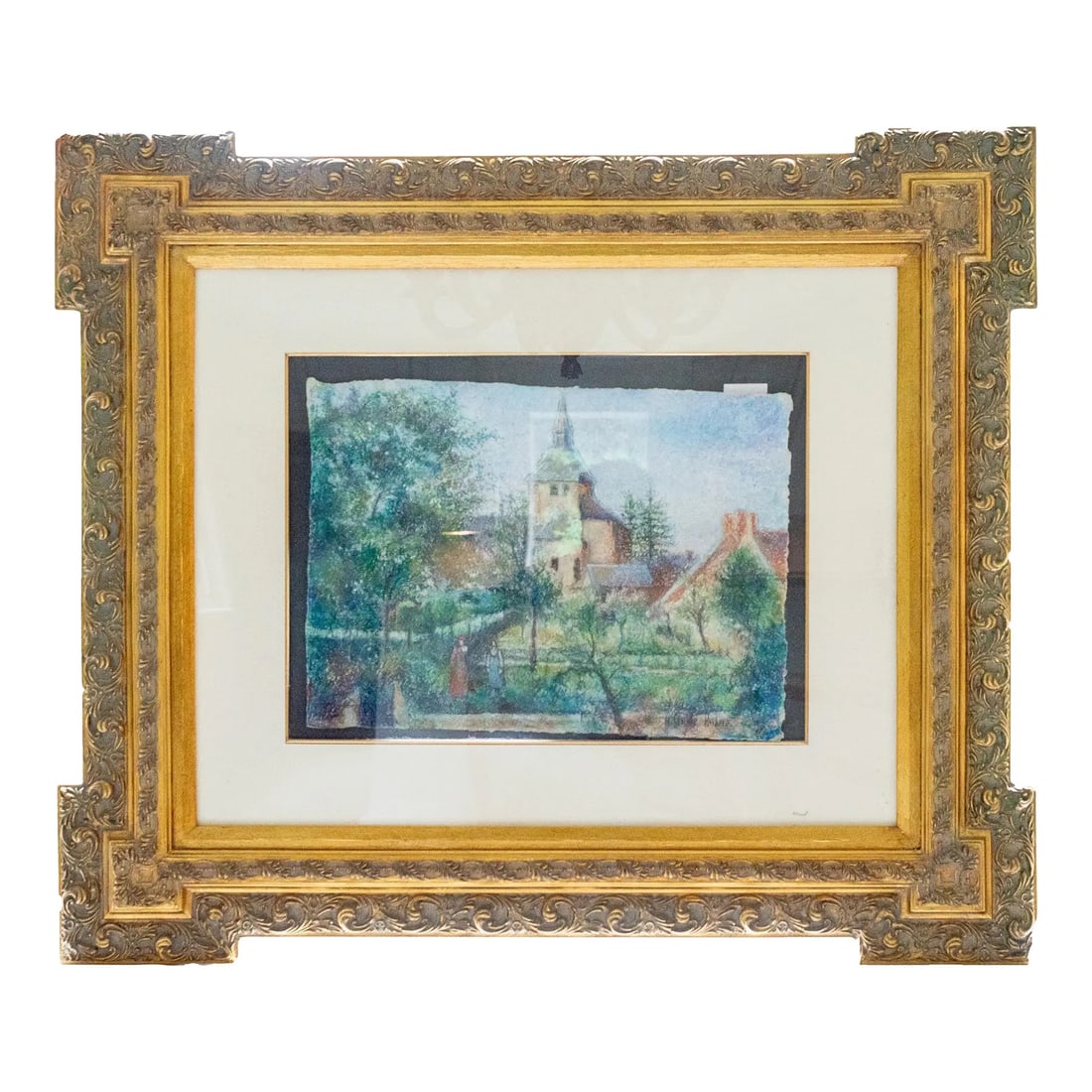 Late 20th Century H. Claude Pissarro - Le Manoir De Lecy, Pastel: Le Manoir de Lecy, pastel and watercolor on paper by H. Claude Pissarro. Depicts a village scene with trees, figures, and a church tower rising above surrounding buildings, rendered in soft, blended t