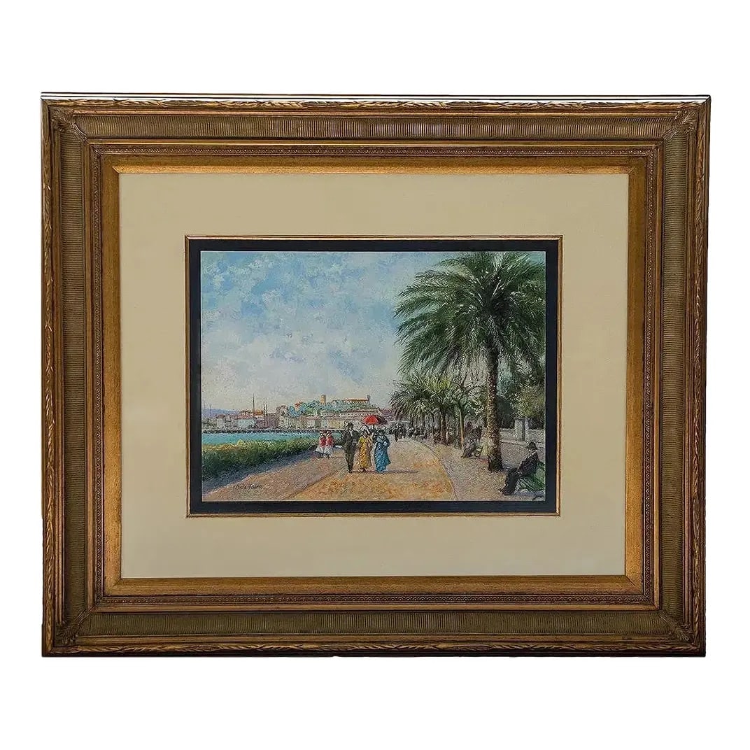 1990s H. Claude Pissarro - Les Jumelles Gantier Sur La Croise, Pastel: Pastel on paper by H. Claude Pissarro (b. 1935), dated circa 1995, depicting figures walking along a palm-lined promenade on the French Riviera. Signed along the lower margin. Accompanied by a certifi
