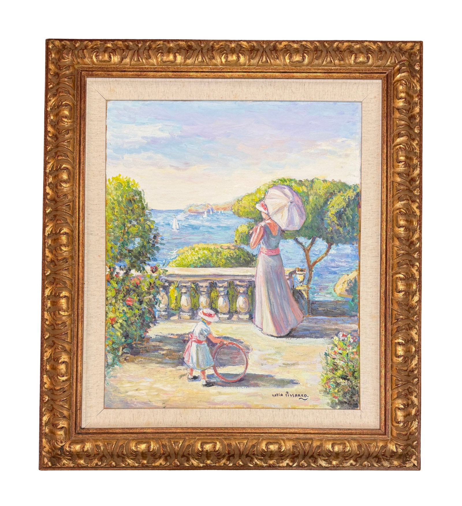 Katia Pissarro - L'Enfant au Cerceau, Oil on Canvas: Original oil on canvas by Katia Pissarro, titled L'enfant au Cerceau, depicting a sunlit garden terrace overlooking the water with a woman holding a parasol and a child playing with a hoop, with sailb