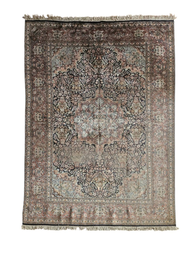 Vintage Kashmir Silk Rug 6'1" x 9'4": Vintage Kashmir silk rug with an all-over floral design. The central field features floral and vine motifs surrounded by multiple patterned borders. Woven in ivory, beige, blue, and dusty rose tones, 