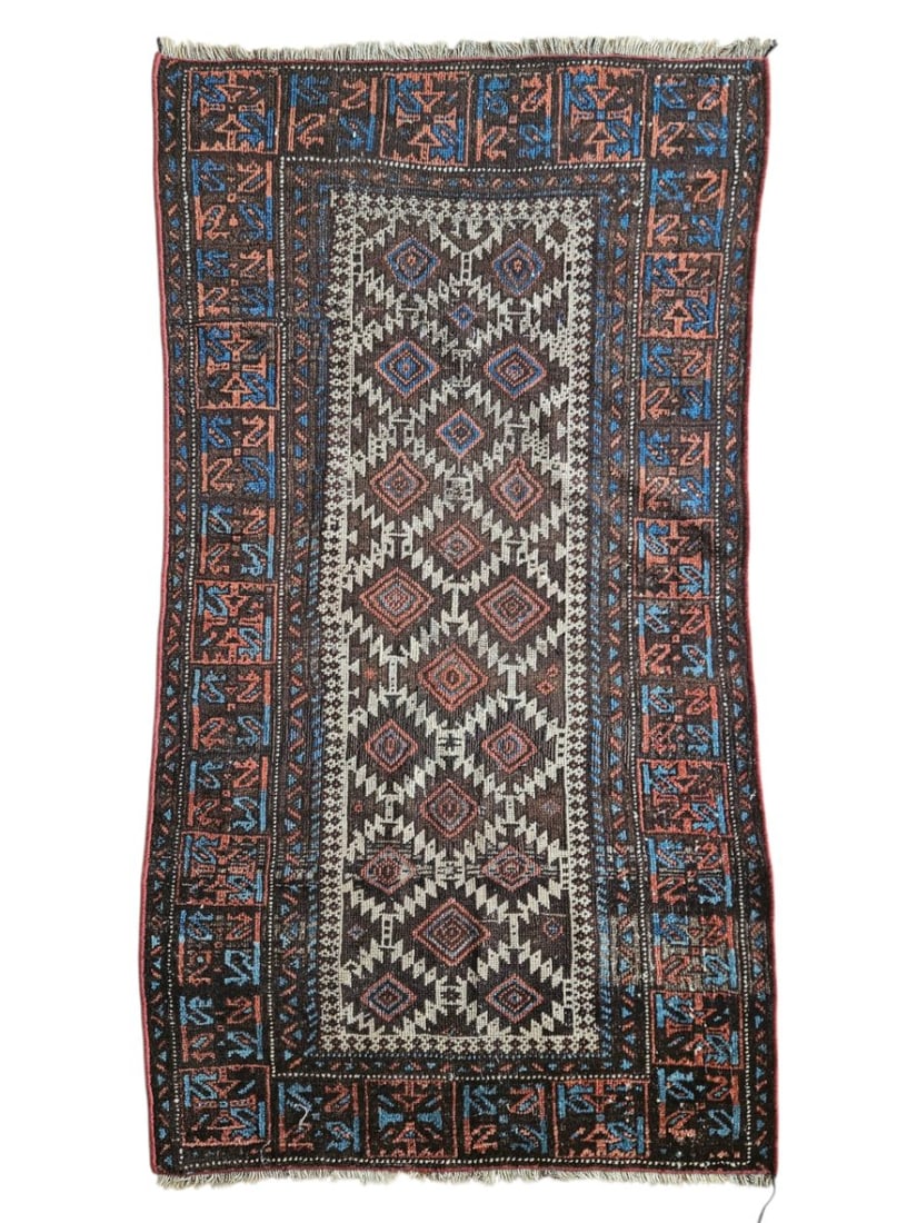Vintage Balouch Afghan Tribal Rug 2'7" x 4'7": Vintage Balouch Afghan tribal rug featuring a narrow central field with repeating diamond and lattice motifs, surrounded by multiple geometric borders. Woven in charcoal, brown, rust, muted blue, ivor