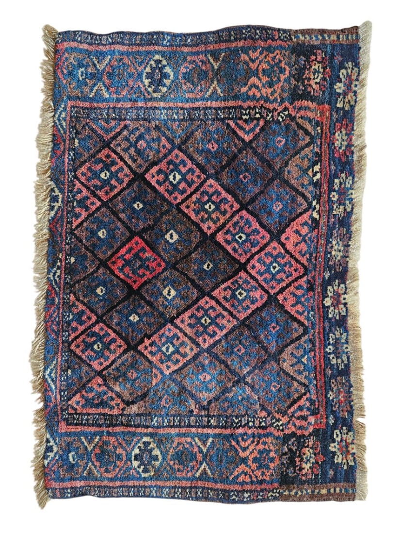 Vintage Balouch Afghan Tribal Rug 2' x 2'11": Vintage Afghan Balouch tribal rug featuring a compact central field with repeating diamond and angular geometric motifs, surrounded by patterned borders. Woven in deep red, rust, navy, brown, and ivor