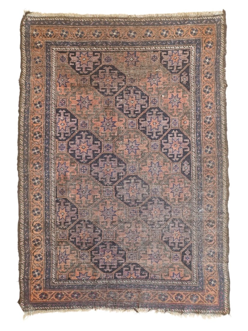 Vintage Balouch Afghan Tribal Rug 2'11" x 4'2": Antique Afghan Balouch tribal rug featuring a compact field with repeating geometric motifs, including stars, diamonds, and angular forms, surrounded by narrow patterned borders. Woven in muted beige,