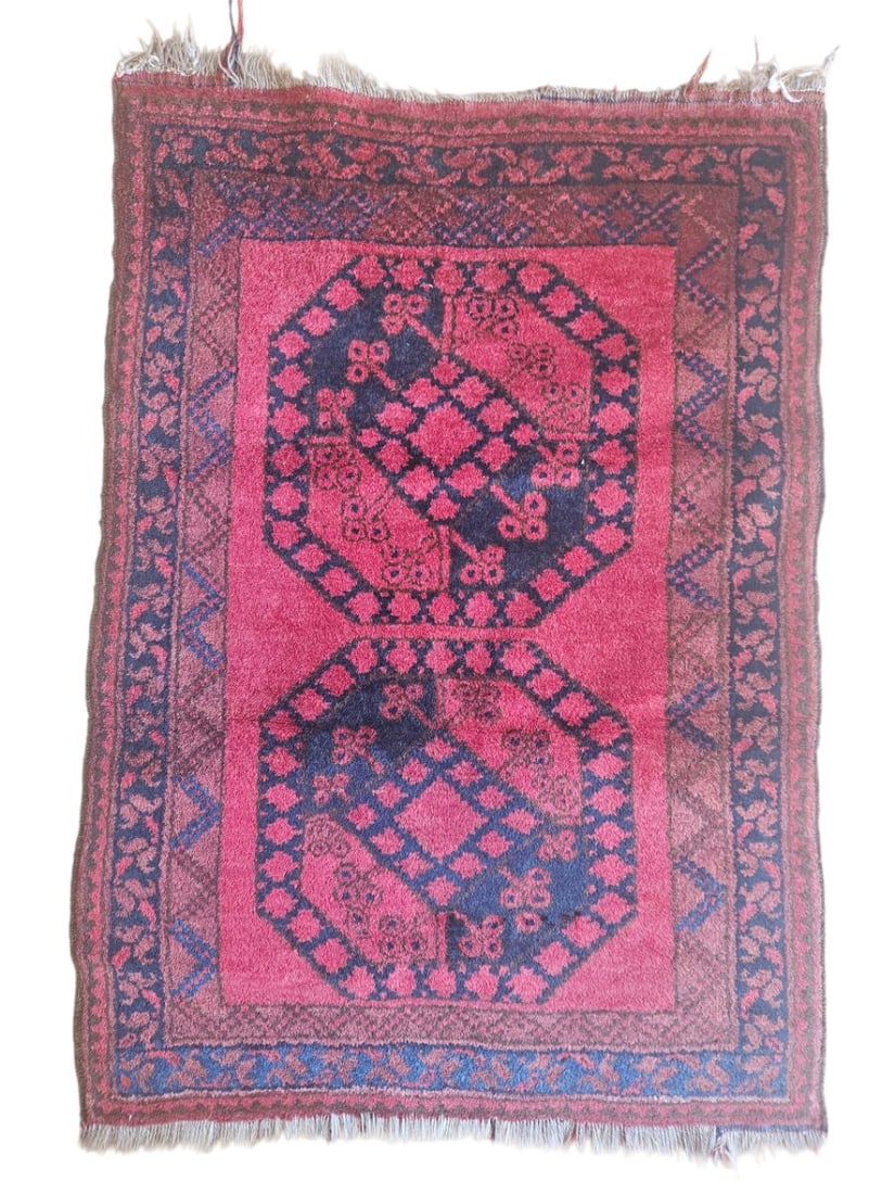 Vintage Turkman Afghan Rug 2'7" x 3'7": Vintage Afghan Turkmen rug featuring geometric medallions arranged within a compact rectangular field, surrounded by a border with repeating geometric motifs. Woven in deep red, burgundy, dark navy, a