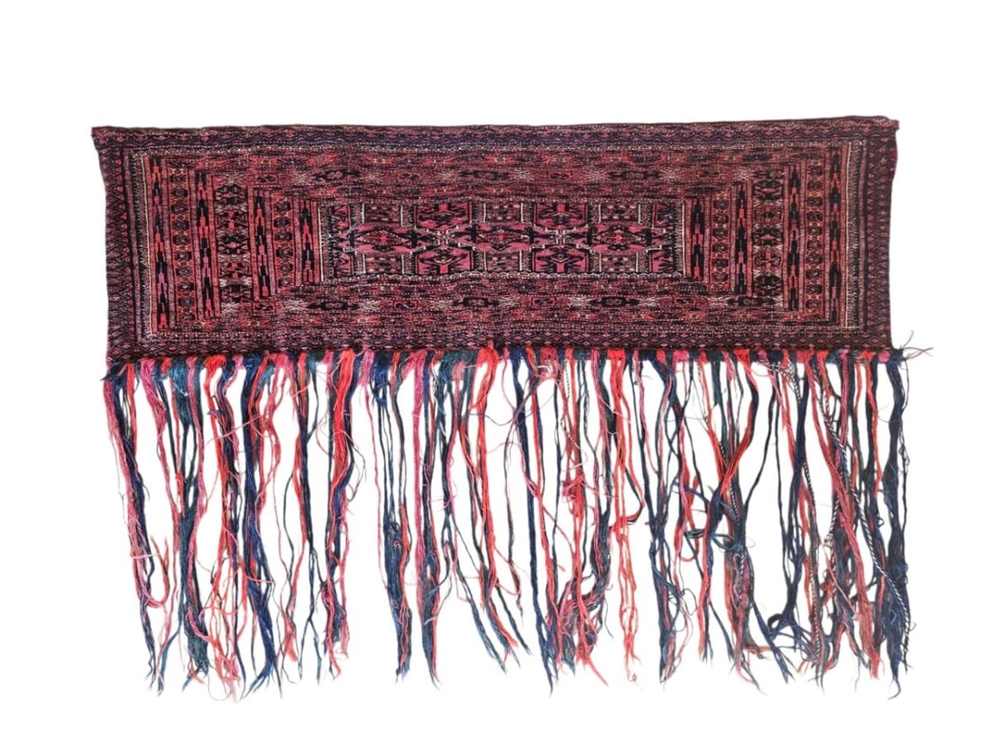 Antique Jalar Turkmen Rug 1'2" x 3'9": Antique Jalar Turkmen rug featuring dense geometric motifs arranged in narrow vertical and horizontal bands, surrounded by patterned borders. Woven in deep red, burgundy, brown, charcoal, and muted bl