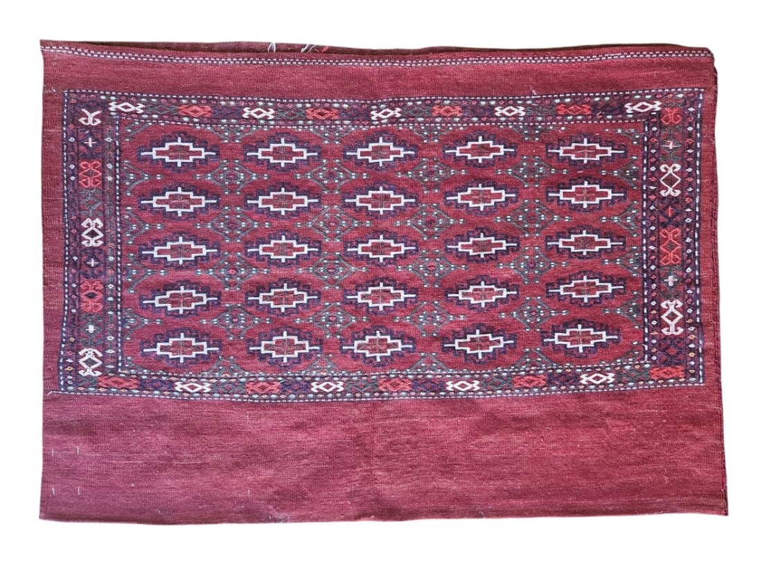 Vintage Turkmen Chowall Sarma Rug Set of 2, 2'6" x 3'6": Vintage Turkmen-style rug featuring a compact rectangular field with repeating diamond and geometric motifs, surrounded by a patterned border. Woven in predominantly deep red tones with a textured wov