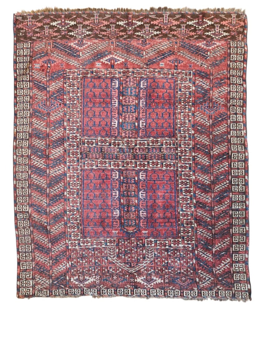 Vintage Hachlou Teke Turkmen Rug 3'8" x 4'8": Vintage Turkmen tribal rug featuring a field with repeating geometric panels, stepped motifs, and diagonal bands, surrounded by decorative borders. Woven in red, rust, blue, ivory, and brown tones. Si
