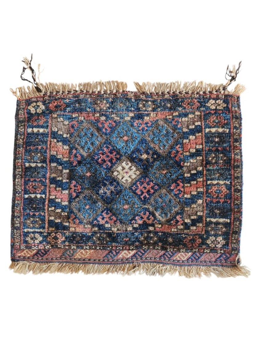 Antique Balouch Small Rug 1'11" x 2'6": Small antique tribal rug featuring a central diamond surrounded by repeating geometric motifs and narrow patterned borders. Woven in deep blue, rust, brown, ivory, and muted red tones, with fringed en