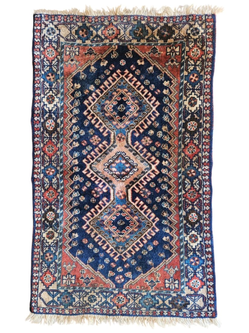 Vintage Persian Shiraz Rug 2'5" x 4': Vintage Persian Shiraz rug featuring a central geometric medallion surrounded by repeating diamond and angular motifs, with multiple decorative borders. Woven in deep navy, red, ivory, rust, and brown