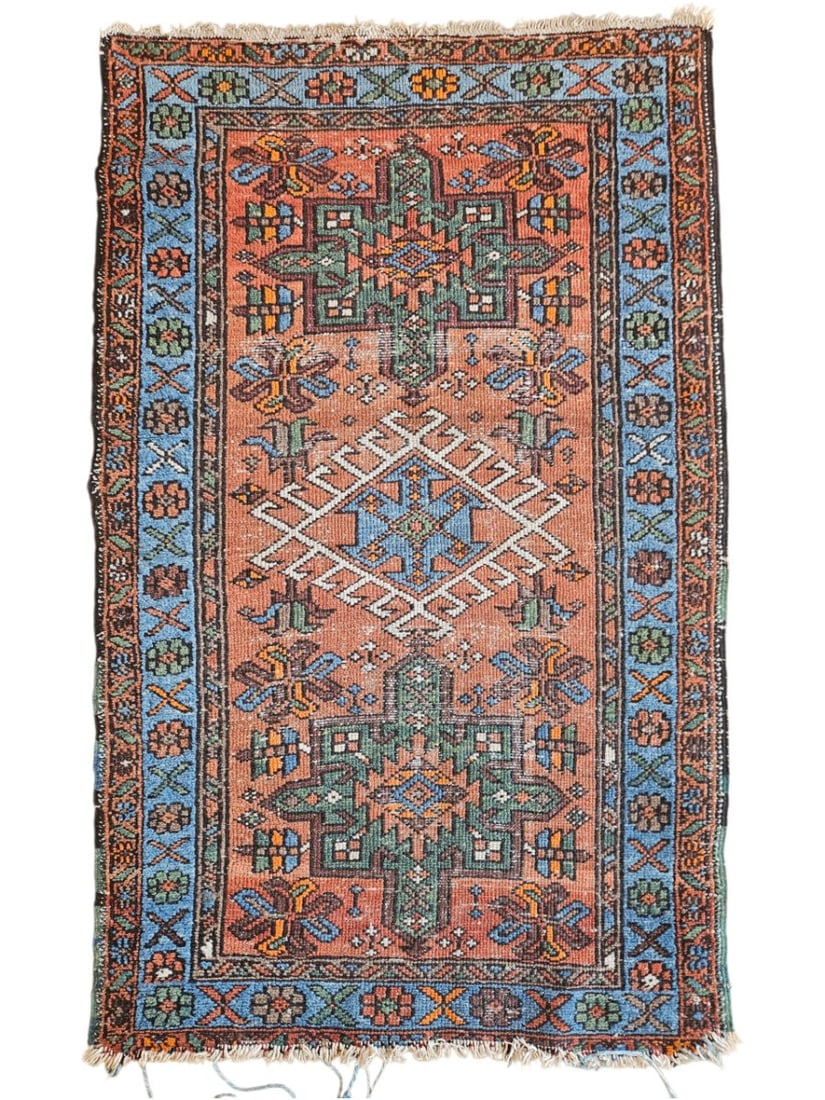 Vintage Persian Shiraz Rug 2'9" x 4'6": Vintage Persian Shiraz rug featuring a compact field with repeating diamonds, zigzags, and angular stepped motifs, surrounded by narrow patterned borders. Woven in rust, blue, brown, ivory, and charco