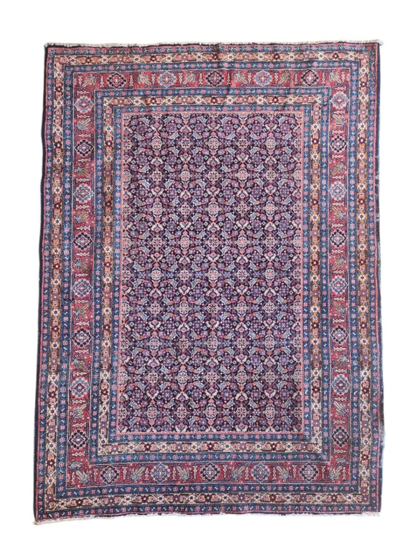 Vintage Persian Senne Kurdi Rug 4'5" x 6'4": Vintage Persian Senneh Kurdish rug featuring a dense all-over pattern of repeating small diamonds and stylized floral motifs, surrounded by multiple narrow patterned borders. Woven in muted red, navy,