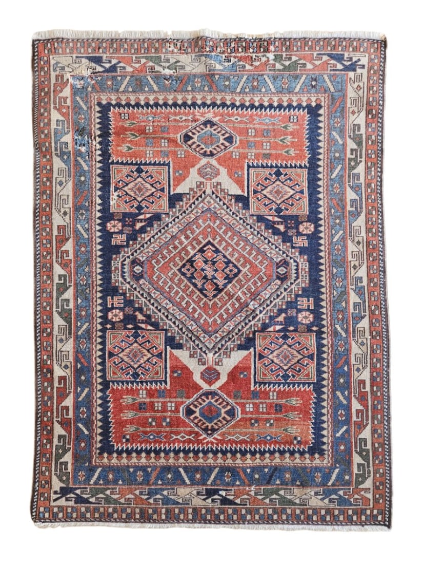 Vintage Caucasian Kazak Rug 3'1" x 4'3": Vintage Caucasian Kazak rug featuring a central diamond medallion surrounded by geometric and angular motifs, with multiple patterned borders. Woven in red, blue, ivory, rust, and charcoal tones. Repa