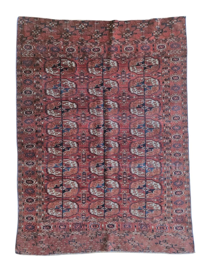 Vintage Turkmen Bukhara Rug 3'7" x 4'9": Vintage Turkmen tribal rug featuring a field with repeating geometric motifs, elongated central forms, angular diamonds, and stepped ornaments, surrounded by patterned borders. Woven in red, rust, bro