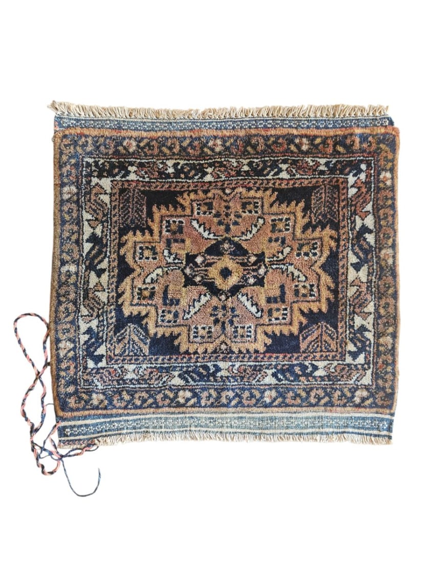 Vintage Balouch Small Rug 2' x 2'2": Small vintage Balouch tribal rug featuring a compact geometric field with a central medallion and angular motifs, surrounded by patterned borders. Woven in dark navy, brown, rust, ivory, and muted ora