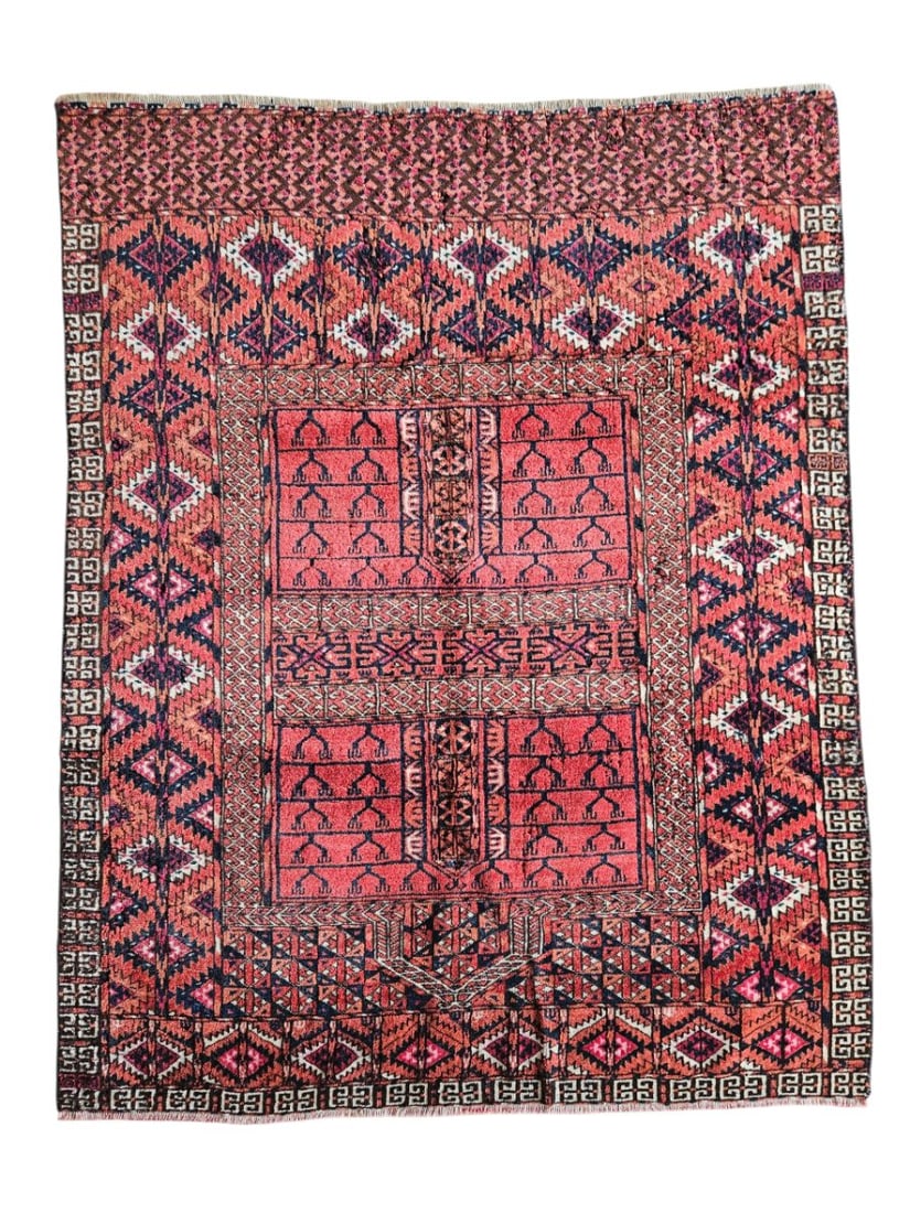 Vintage Hachlou Turkmen Teke Rug 3'10" x 4'11": Vintage Turkmen tribal rug featuring a geometric field with diamonds, zigzags, stepped motifs, and horizontal bands, surrounded by multiple patterned borders. Woven in deep red, rust, navy, ivory, and