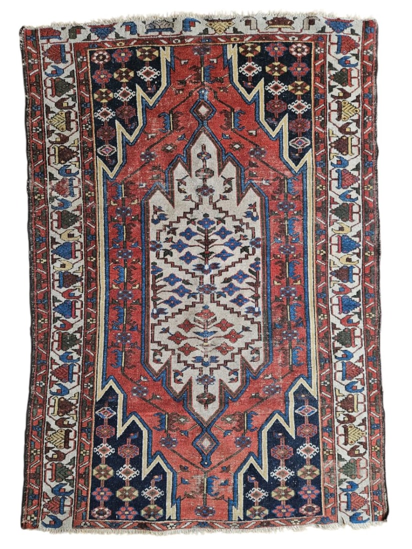 Antique persian Hamadan Rug 4'1" x 4'11": Antique Persian Hamadan rug featuring a central medallion surrounded by stylized floral and angular geometric motifs, with multiple patterned borders. Woven in deep red, navy, ivory, rust, and brown t