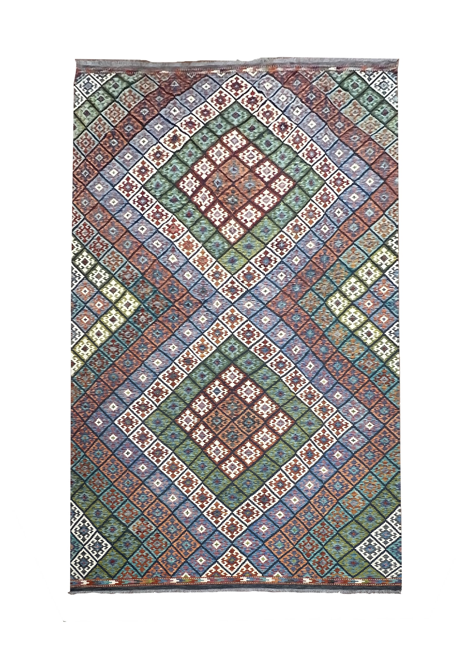 Afghan Kilim Hand Knotted Wool Rug 9'10" x 15'5": Afghan Kilim rug, hand knotted in Afghanistan from 100% wool. Measuring 9'10" x 15'5", the rug features an all-over geometric diamond design with repeating tribal motifs arranged in a colorful lattice