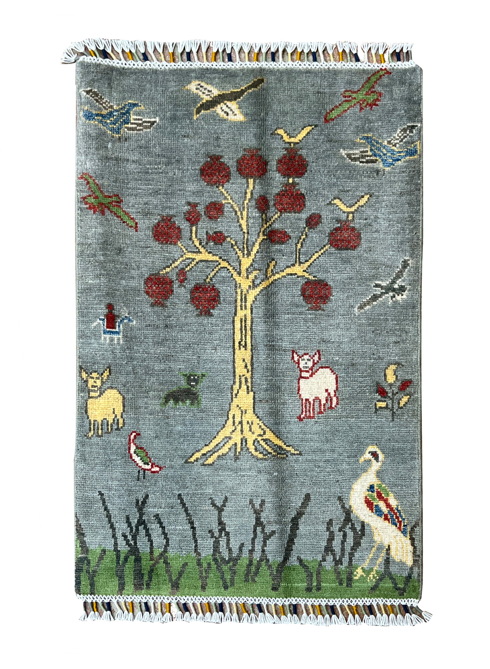 Afghan Nature Pictorial Wool Rug 2' x 3'1": Nature pictorial rug, hand knotted in Afghanistan from 100% wool. Measuring 2' x 3'1", the rug features a charming nature-inspired scene with a flowering tree, colorful birds, and various animals, inc