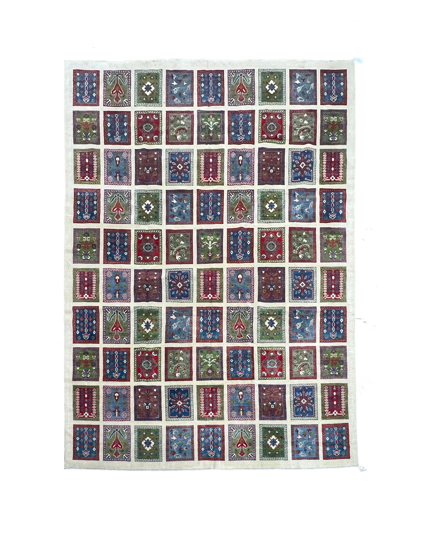 Afghan Garden Design Rug Wool 9'1" x 12'9": Afghan Garden Design rug, hand knotted in Afghanistan from 100% wool. Measuring 9'1" x 12'9", the rug features a distinctive garden-inspired panel design composed of numerous individual rectangular co