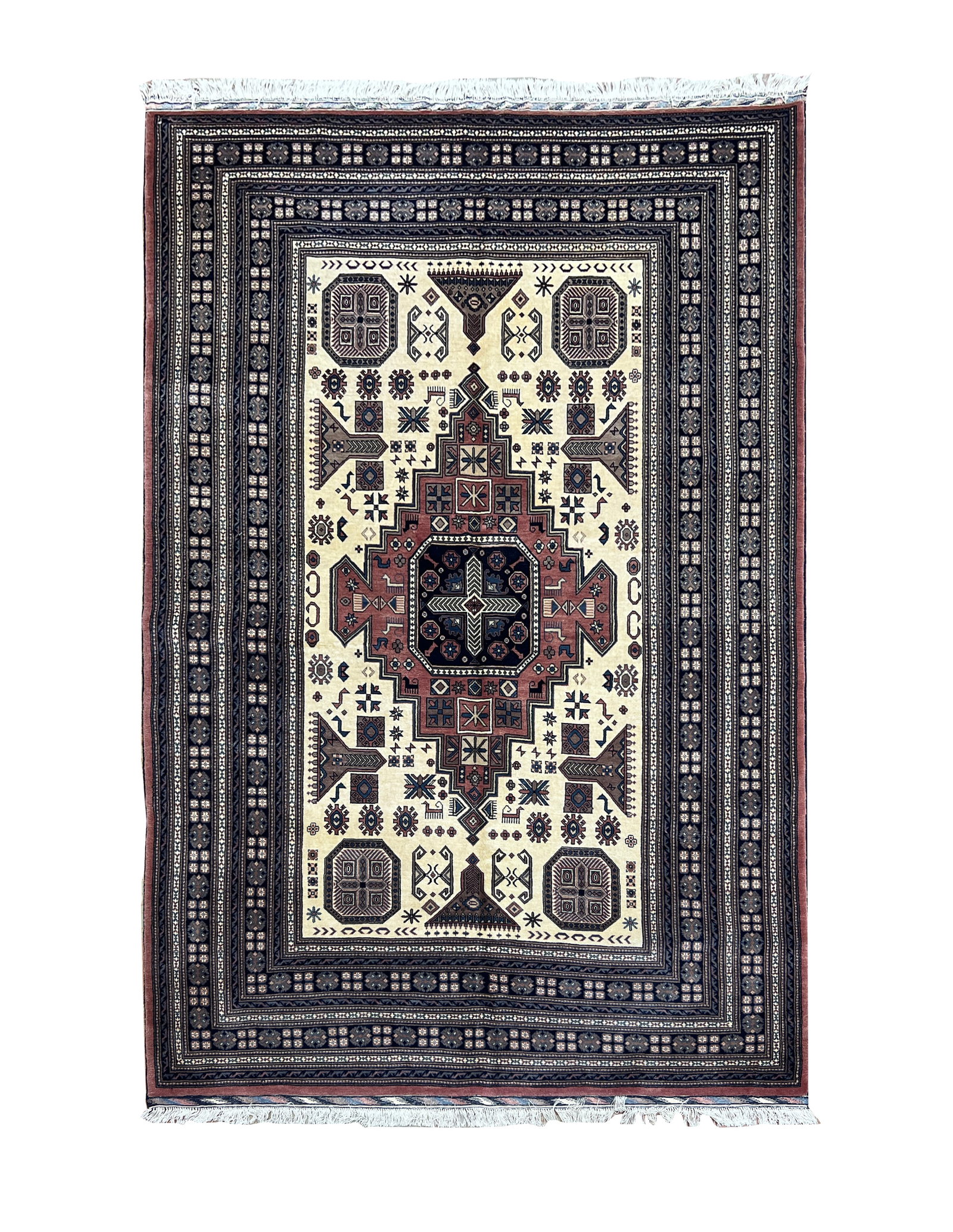 Afghan Turkmen Geometric Design Rug 6'8" x 9'10": Afghan Turkmen geometric design rug, hand knotted in Afghanistan from 100% wool. Measuring 6'8" x 9'10", the rug features a bold central geometric medallion surrounded by traditional tribal motifs and