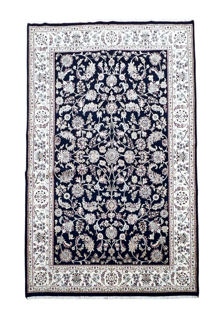 Persian Nain Wool Rug 5'10" x 9': Persian Nain rug, hand knotted in India from 100% wool. Measuring 5'10" x 9', the rug features an elegant all-over floral design with scrolling vines, palmettes, and traditional Persian botanical moti