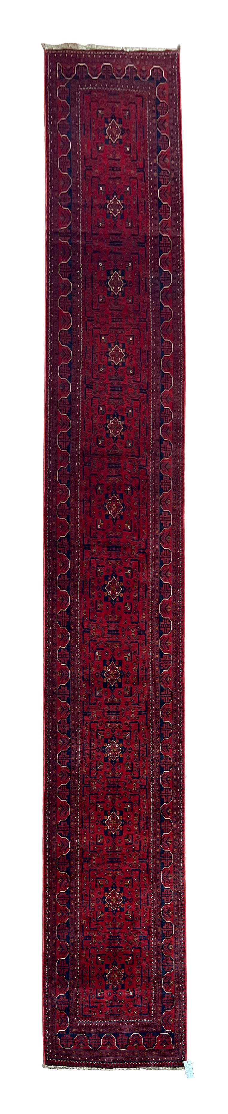Vintage Afghan Turkmen Wool Runner 2'9" x 19'2": Afghan Turkmen long runner, hand knotted in Afghanistan from 100% wool. Measuring 2'9" x 19'2", this striking runner features a rich deep red field decorated with a continuous series of traditional ge