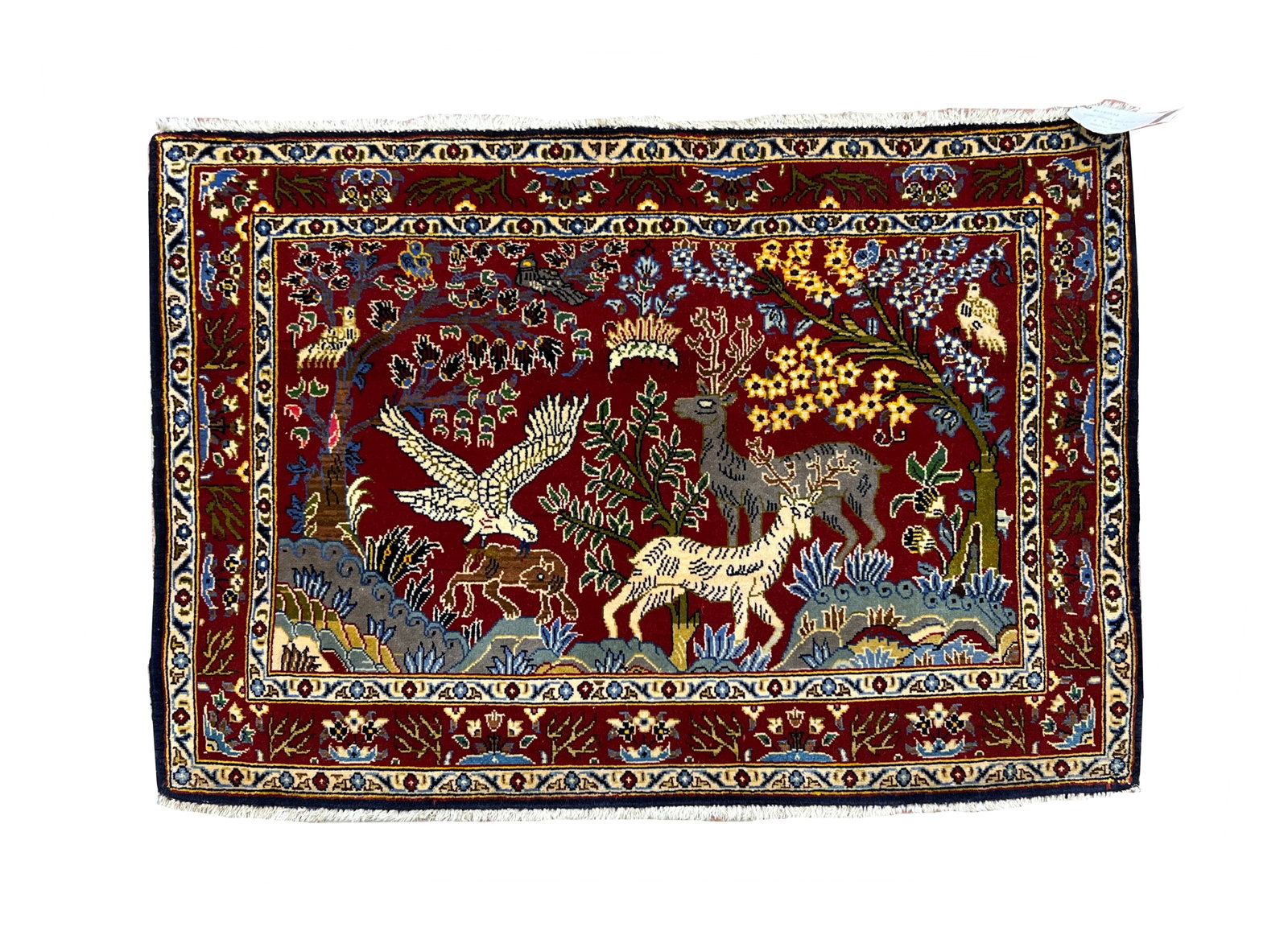 Persian Pictorial Tree of Life Wool Rug 2'4" x 3': Persian pictorial Tree of Life rug, hand knotted in Iran from 100% wool. Measuring 2'4" x 3', this rug features a richly detailed pictorial design centered around a flowering tree with a variety of bi