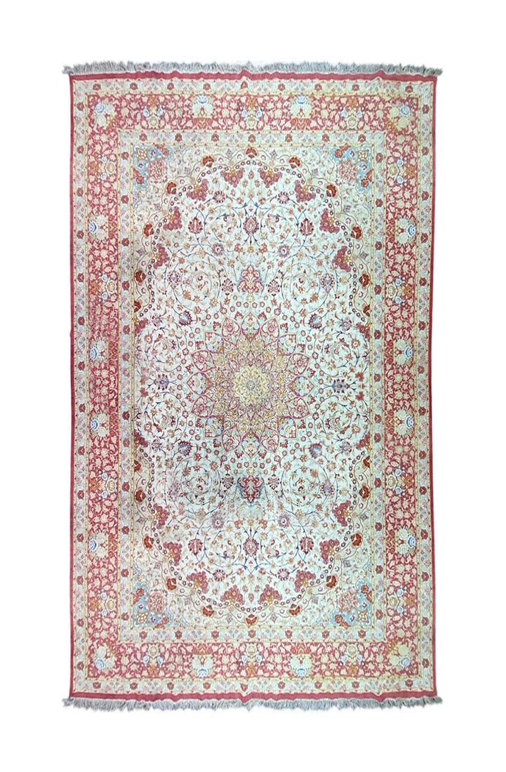 Fine Persian Qum Silk Rug 6'4" x 9'8": Fine Persian Qum rug, hand knotted in Iran from 100% silk. Measuring 6'4" x 9'8", this elegant rug features a highly detailed traditional Persian design centered around an ornate floral medallion on a