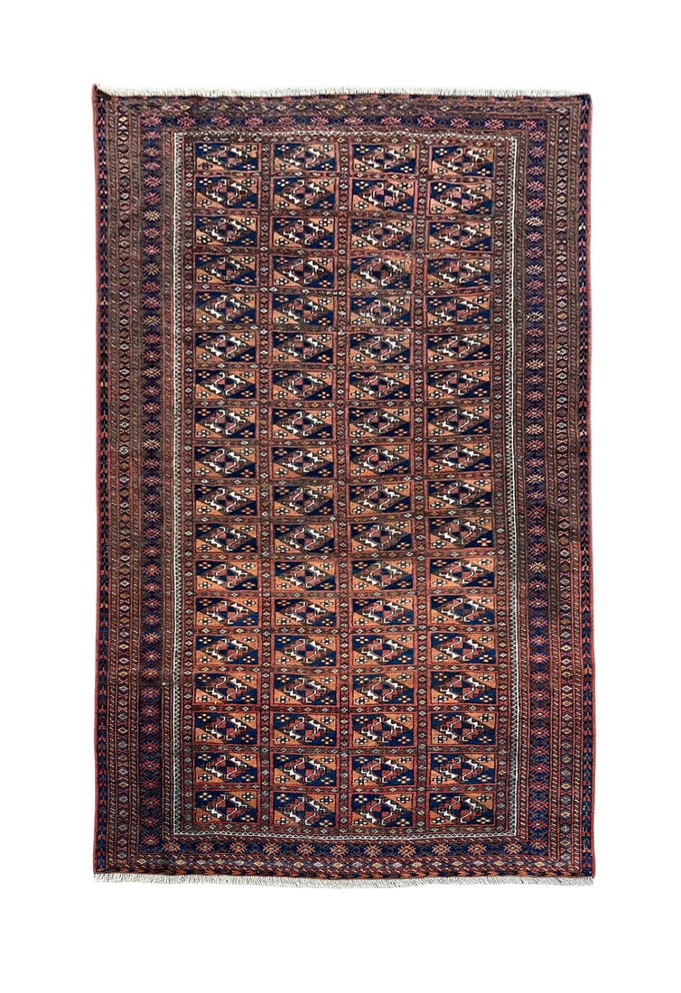 Vintage Afghan Turkmen Wool Rug 3'8" x 6'7": Vintage Afghan Turkmen rug, hand knotted in Afghanistan from 100% wool. Measuring 3'8" x 6'7", this traditional tribal rug features a richly patterned field composed of repeating geometric motifs arra